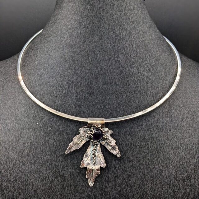 Fine Silver Leaf with Amethyst on Sterling Silver Necklace by Joan Roberts