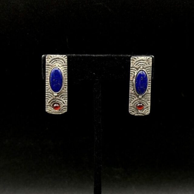 Fine Silver Lapis and Garnet Earrings by Joan Roberts 3021e
