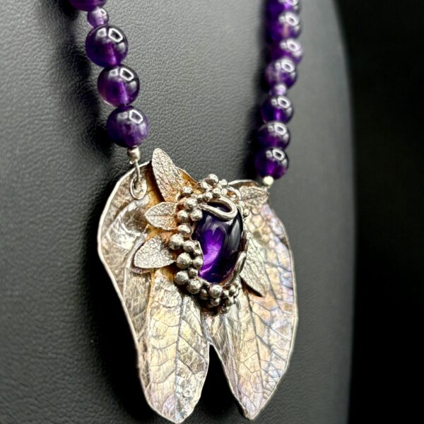 Fine Silver Leaf with Amethyst and Amethyst Bead Necklace by Joan Roberts