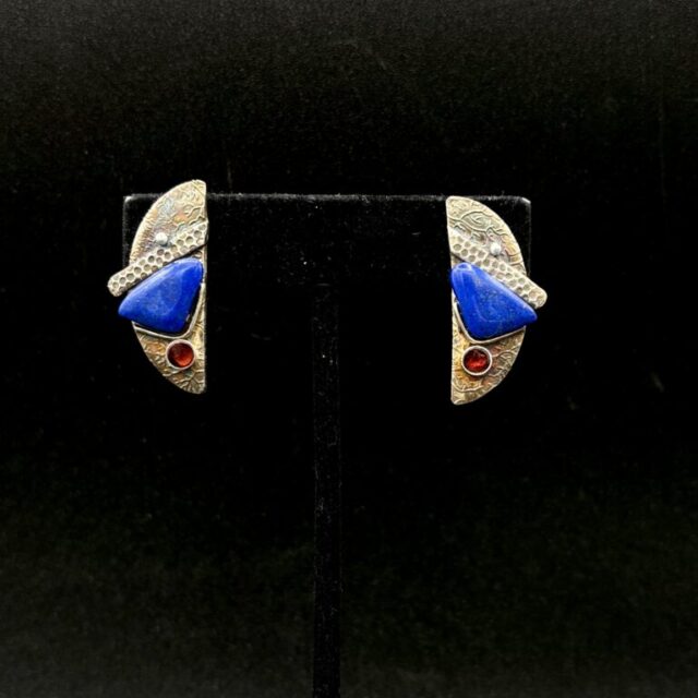 Fine Silver Lapis and Garnet Earrings by Joan Roberts 4063e