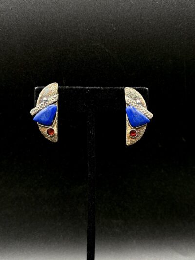 Fine Silver Lapis and Garnet Earrings by Joan Roberts 4063e