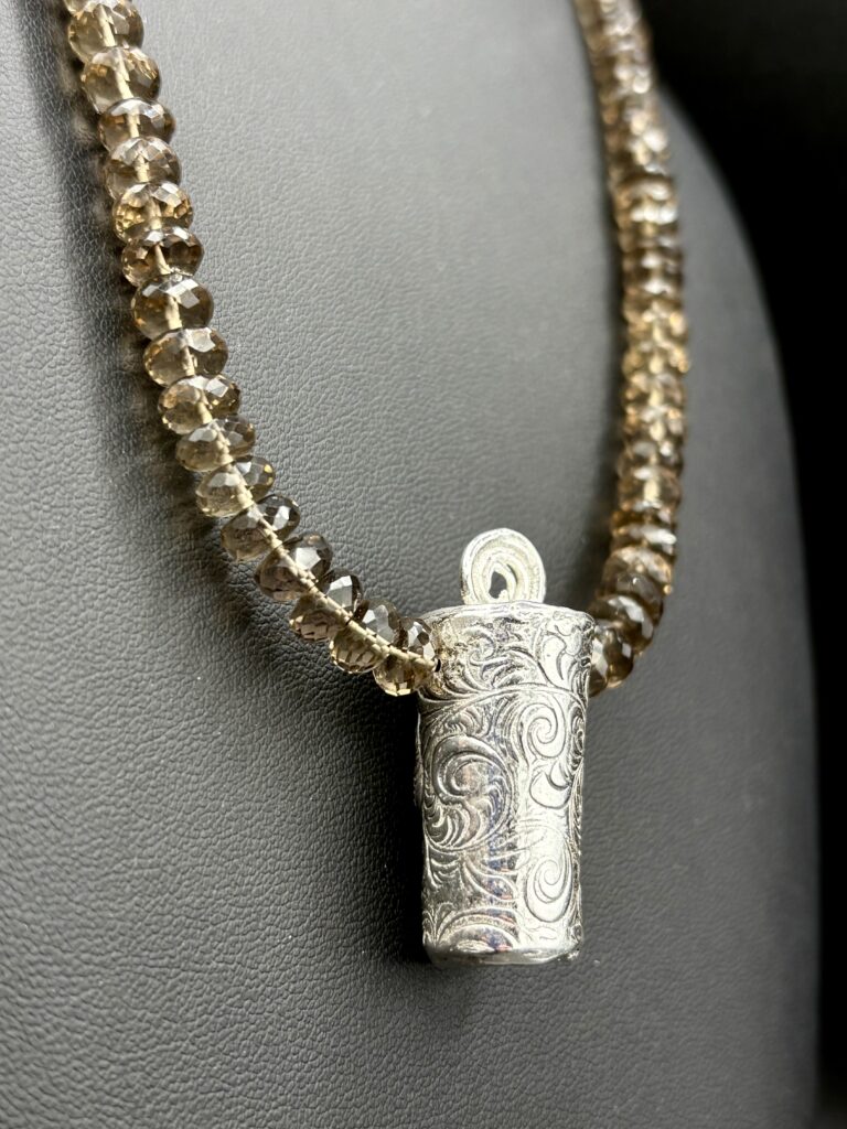 Fine Silver Vert Bead and Smokey Quartz Necklace by Joan Roberts 5000n