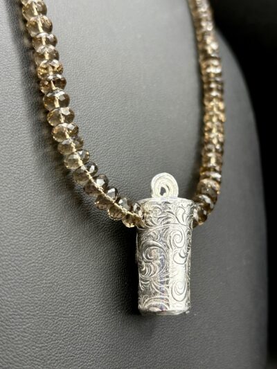 Fine Silver Vert Bead and Smokey Quartz Necklace by Joan Roberts 5000n