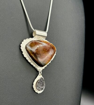 Fine Silver Tiger Eye and Drusy on SS Chain by Joan Roberts 5006n