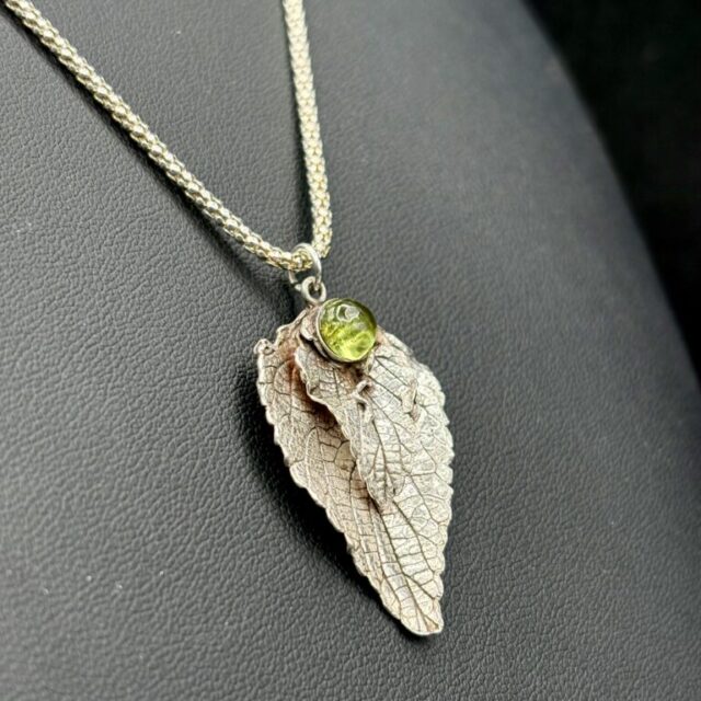 Fine Silver and Peridot Leaf Necklace by Joan Roberts 5022n