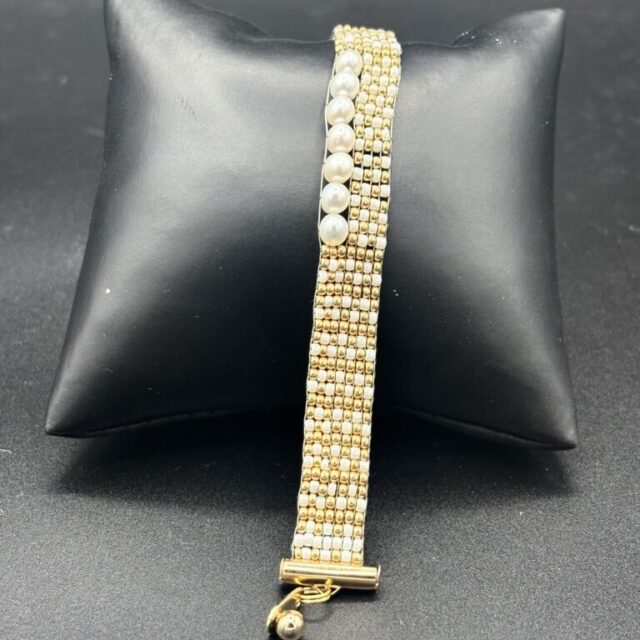 Gold and Ivory Miyuki with White Fresh Water Pearls by Nancy Leicht NanP6