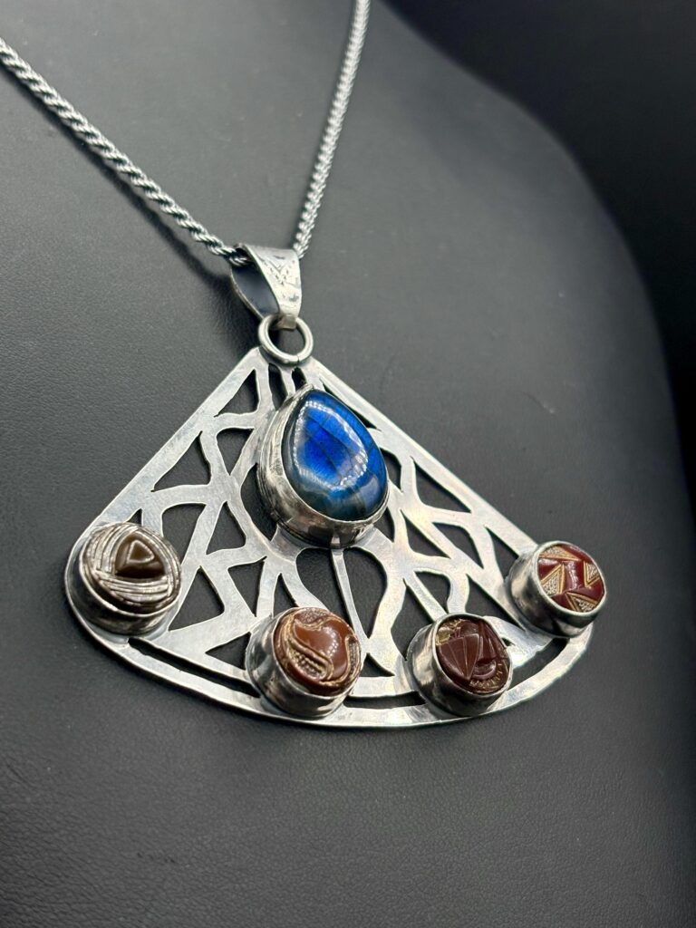 Large Lattice-Cut Pendant with Labradorite and Buttons KM006 by Kristine Mills