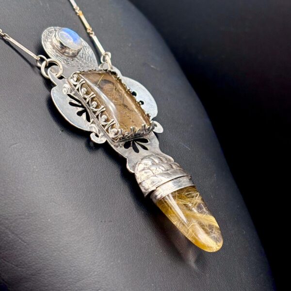 Moonstone, Reticulated Quartz, and Tintype Pendant Necklace KM007 by Kris Mills