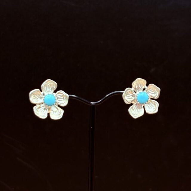 Sterling Silver 5-Petal Flower Post Earrings with Turquoise by Tom Yazzie TYE-913