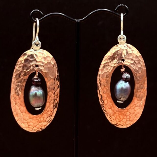 Oval Copper Earrings with Pearls and Garnets by Tom Yazzie TYE-925