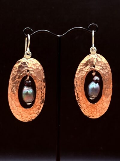 Oval Copper Earrings with Pearls and Garnets by Tom Yazzie TYE-925