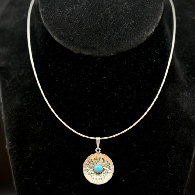 Sterling Silver Dine Basket Design Necklace with Turquoise by Tom Yazzie TYN922
