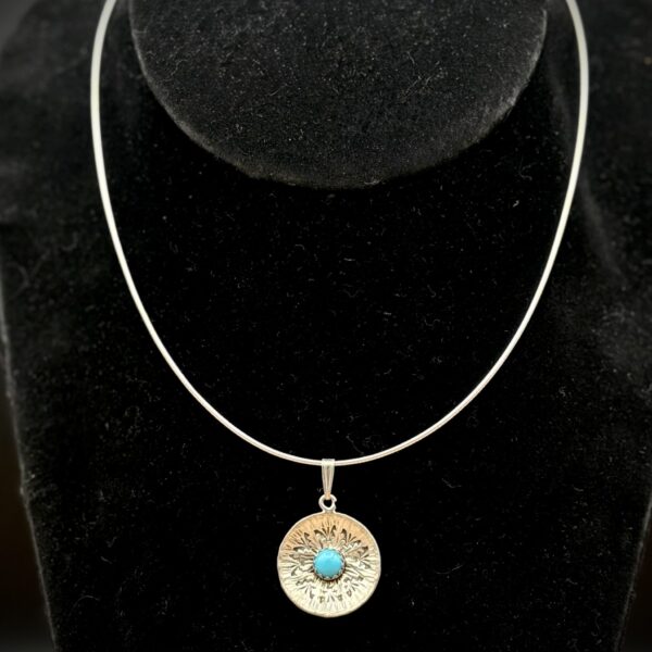 Sterling Silver Dine Basket Design Necklace with Turquoise by Tom Yazzie TYN922