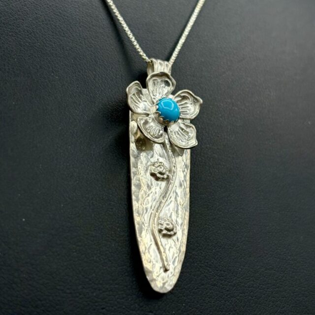 Sterling Silver Flower Pendant with Turquoise by Tom Yazzie TYP904