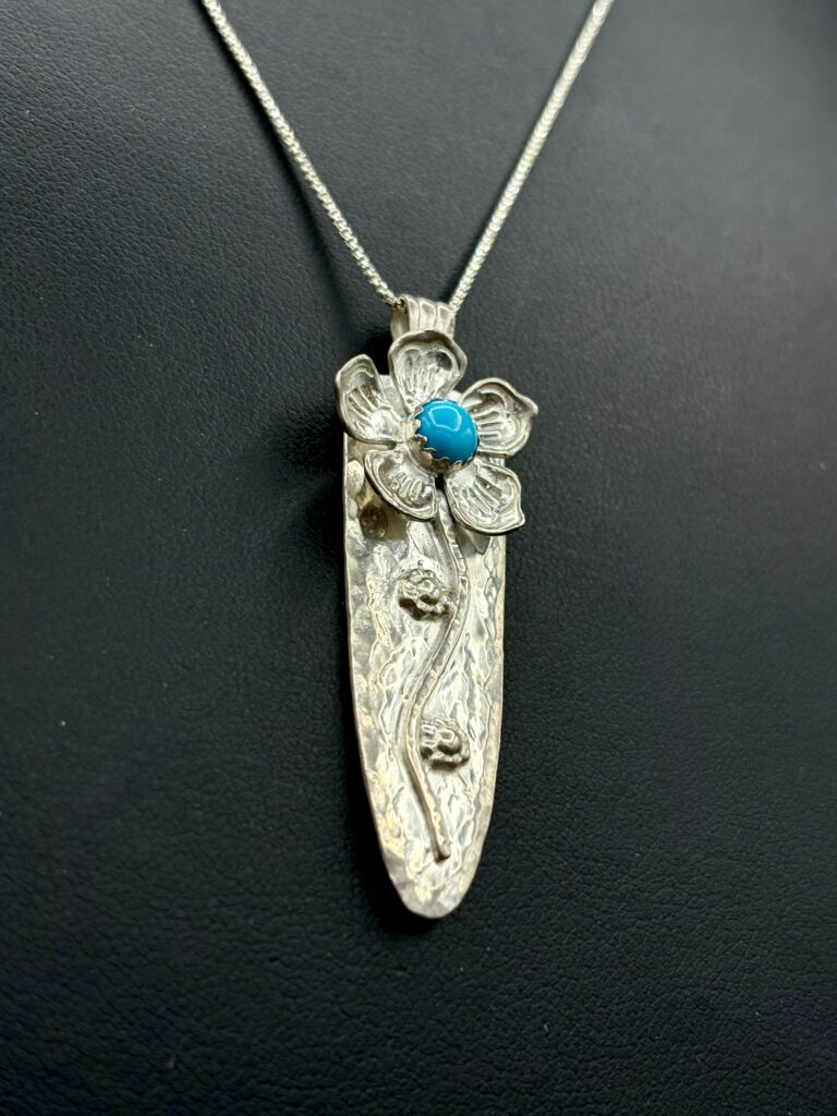 Sterling Silver Flower Pendant with Turquoise by Tom Yazzie TYP904
