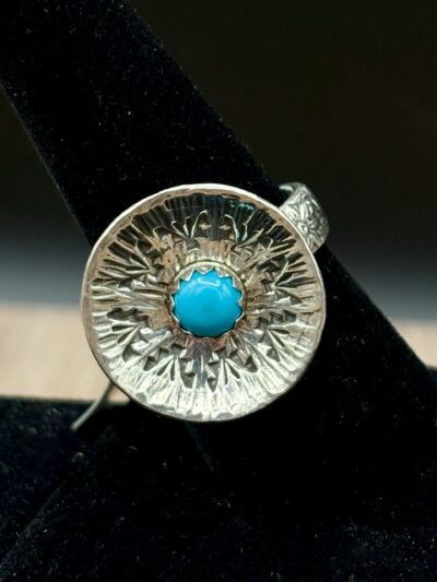 Sterling and Turquoise Basket Design Ring by Tom Yazzie TYR752