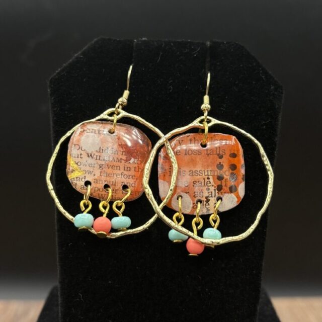 Orange Book Page in Goldtone Circle Earrings by Sharon Gilham SCS302E