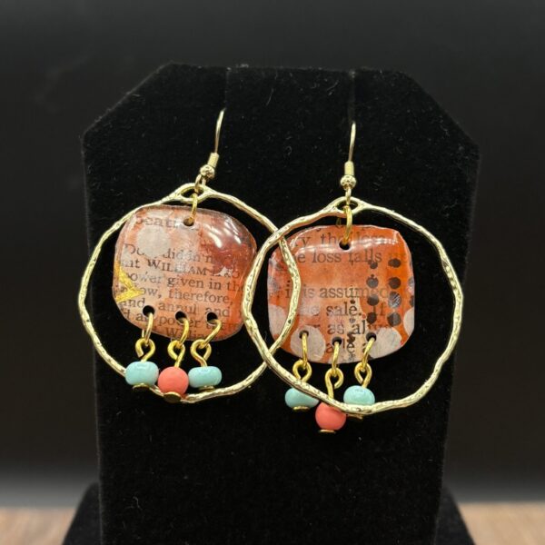 Orange Book Page in Goldtone Circle Earrings by Sharon Gilham SCS302E
