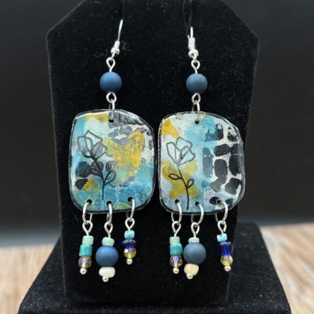 Yellow and Blue with Flower Sketch Dangle Earrings by Sharon Gilham SCS304E