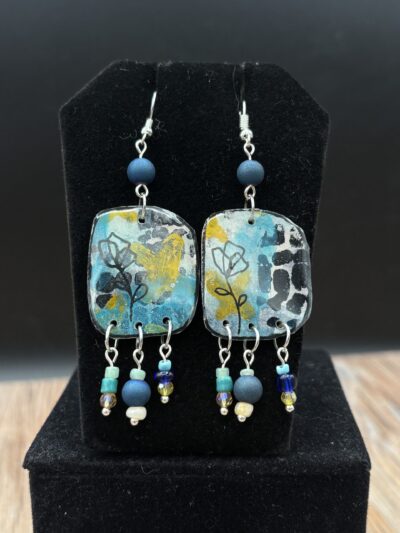 Yellow and Blue with Flower Sketch Dangle Earrings by Sharon Gilham SCS304E