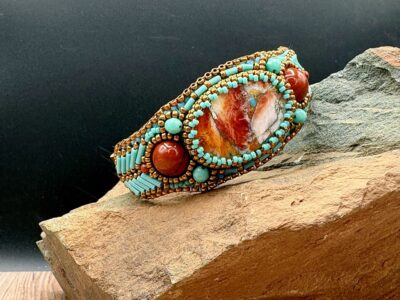Spring Oyster Red Jasper Cuff on Leather by Sue Horine C30