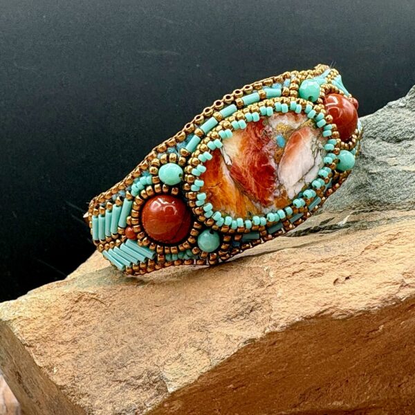 Spring Oyster Red Jasper Cuff on Leather by Sue Horine C30