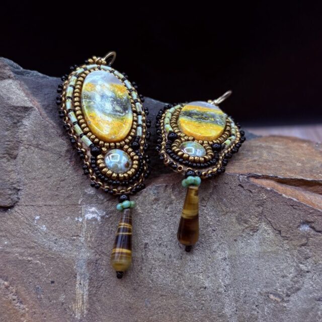 Bumblebee Jasper w/ Tiger Eye Teardrops, Earrings E56 by Sue Horine