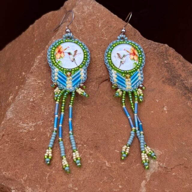 Original Humming Bird Watercolor Print w/ Bugle Beads ,Steel Earrings E60 by Sue Horine