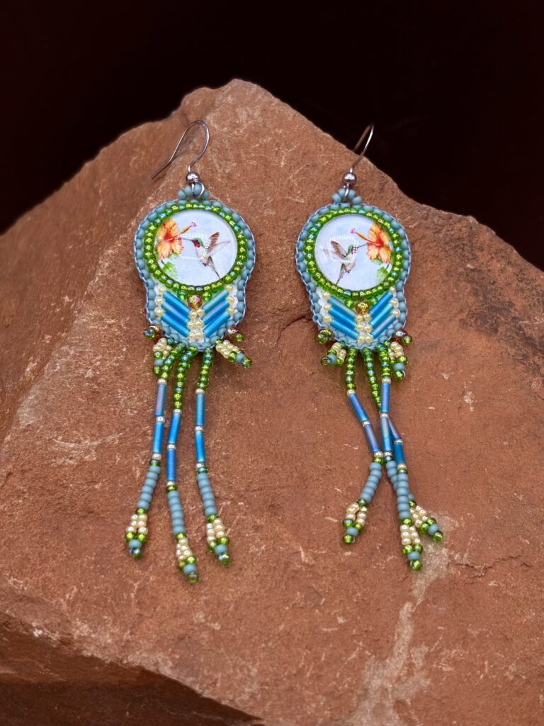 Original Humming Bird Watercolor Print w/ Bugle Beads ,Steel Earrings E60 by Sue Horine