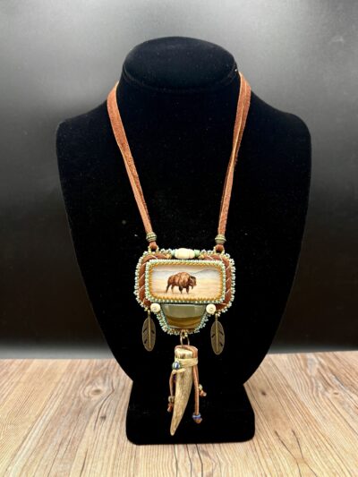 Watercolor Bison Print with Jasper Deer Antler and Skin Lacing Necklace by Sue Horine N35