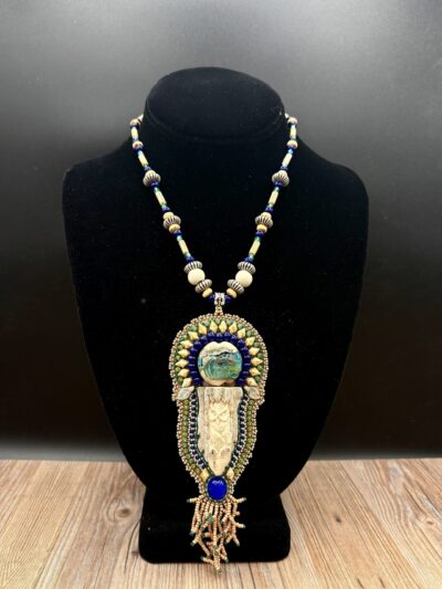 Carved Antler Owl with Lampwork Blue Agate on Beaded Necklace by Sue Horine N36