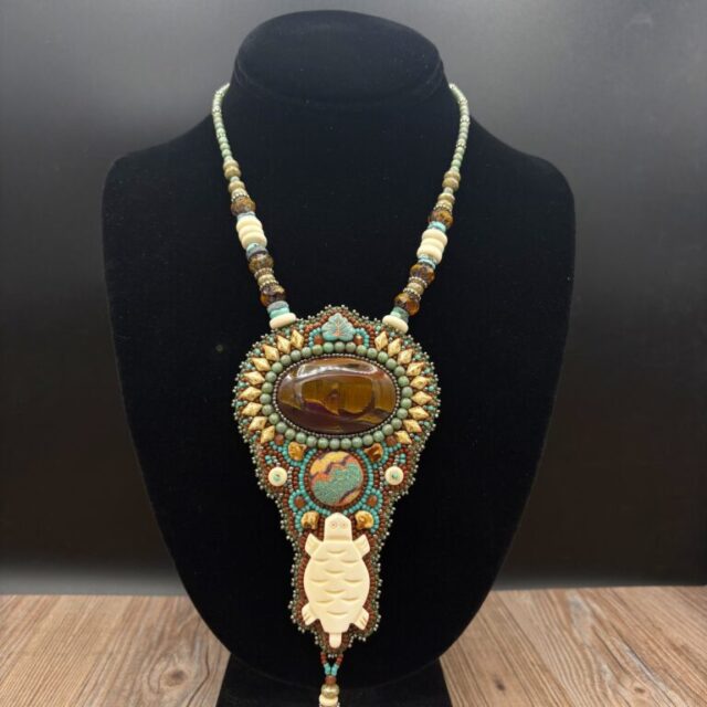 Tiger Iron with Carved Bone Turtle Fabric Turquoise plus Bone beaded Necklace by Sue Horine N39