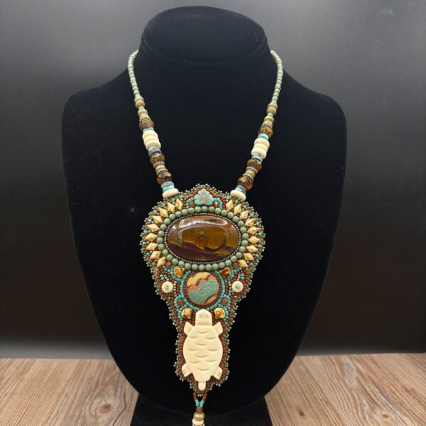 Tiger Iron with Carved Bone Turtle Fabric Turquoise plus Bone beaded Necklace by Sue Horine N39